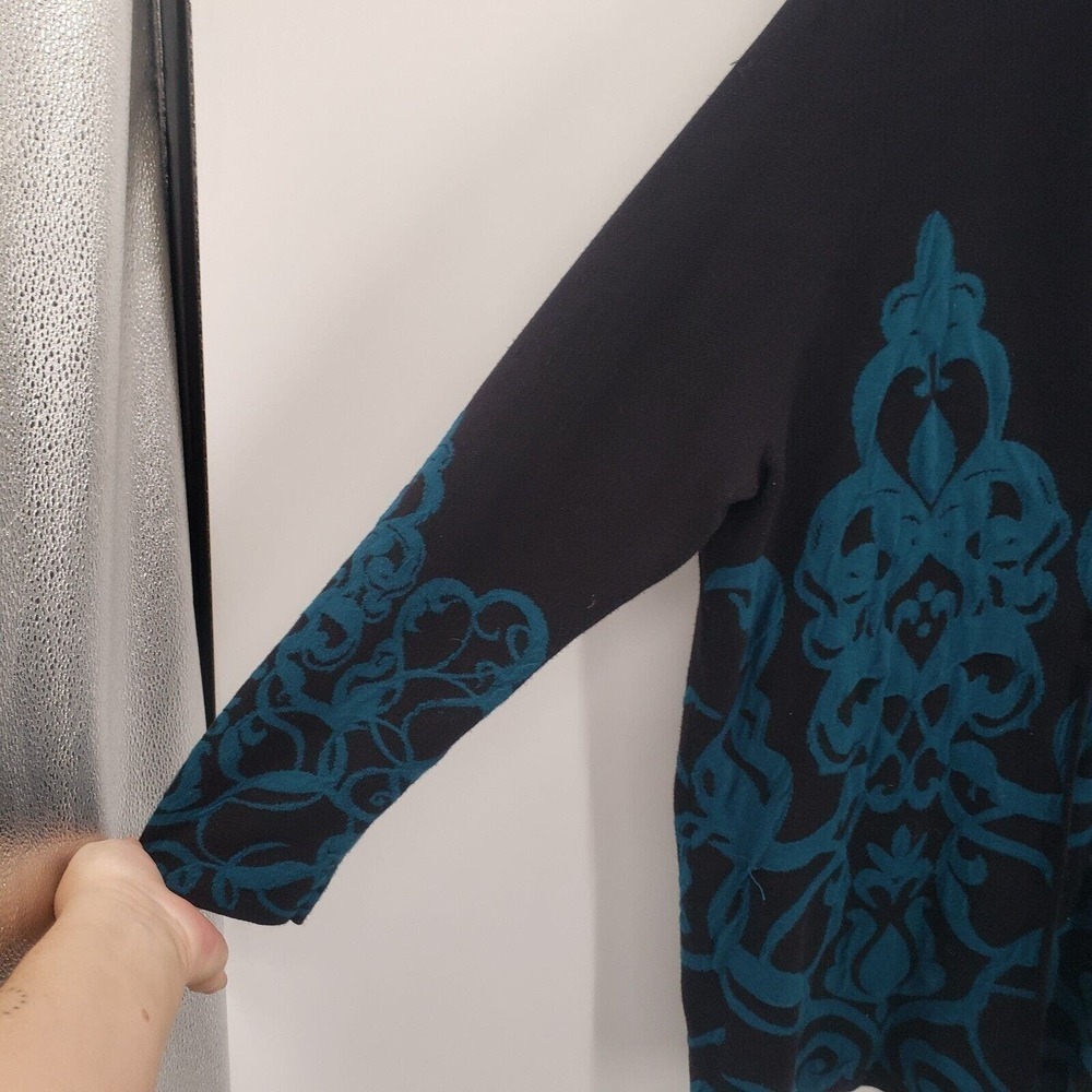 Chico's Scroll Print Sweater Cardigan Womens XL 3 Black Teal Blue Longline Tunic - Picture 9 of 12